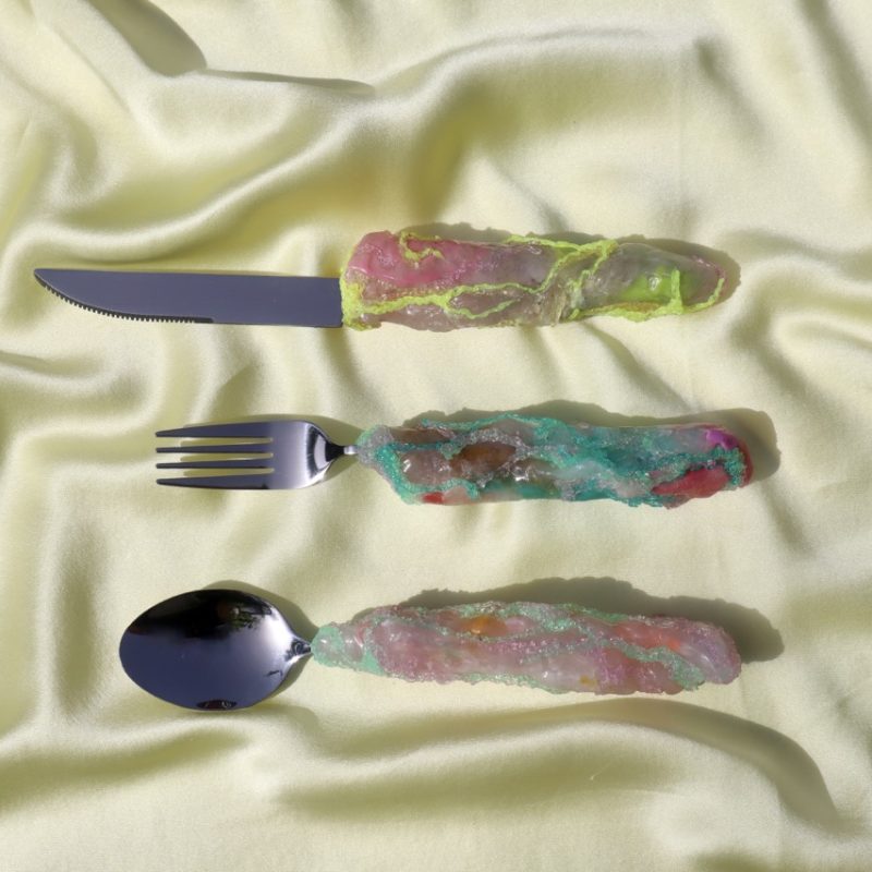 Wasted Gems Cutlery set: knife, fork and spoon on silk