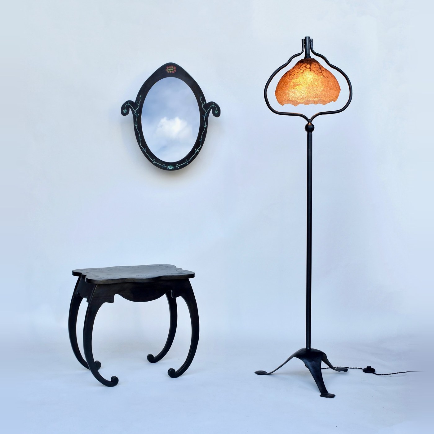 Pietra Plastica collection by Coline Le Quenven: table, mirror and Peloria floor lamp